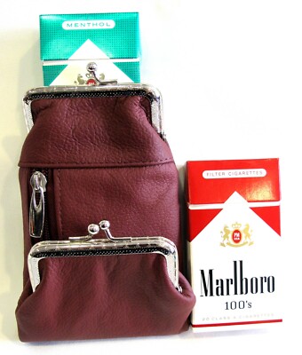 cigarette case with zipper compartment Genuine Leather Cigarette Case Coin Pouch Combo 2 Snap+1 Zipper Pocket-  BURGUNDY