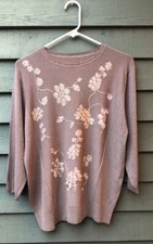 Silk Knit Bead Embroidered Flowers 3/4 Sleeve Blouse