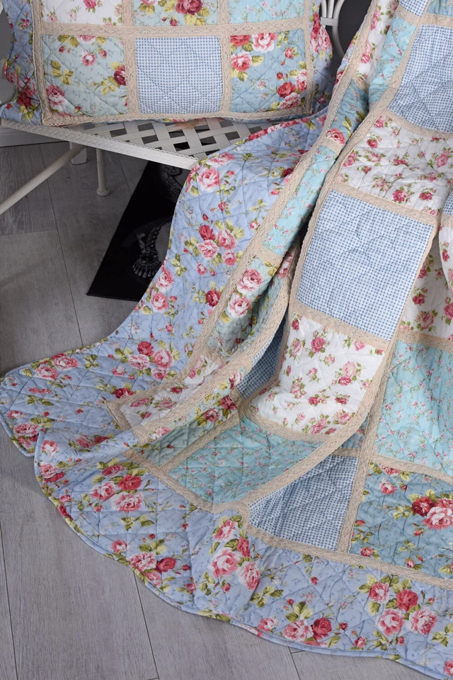 Tagesdecke Bettüberwurf Steppdecke Patchwork Decke Landhaus Blumen Wohndecke - Bild 3 von 4