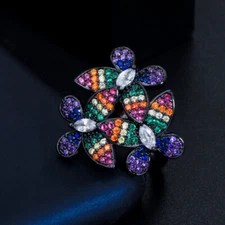 Adjustable 3D Flower CZ Open Cuff Ring Micro Pave Black Gold Plated Chic Jewelry