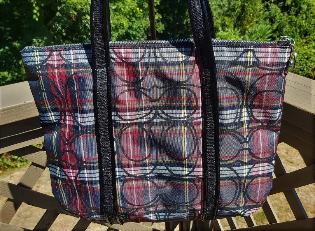 ショルダーバッグ Coach Poppy Tartan Plaid Boa Tote Bag Coach Poppy 14360 Glam Large Tartan Plaid Fabric Tote Shopper Bag