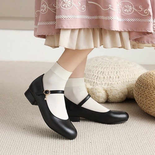 Womens Ankle Strap Pumps Chunky Low 