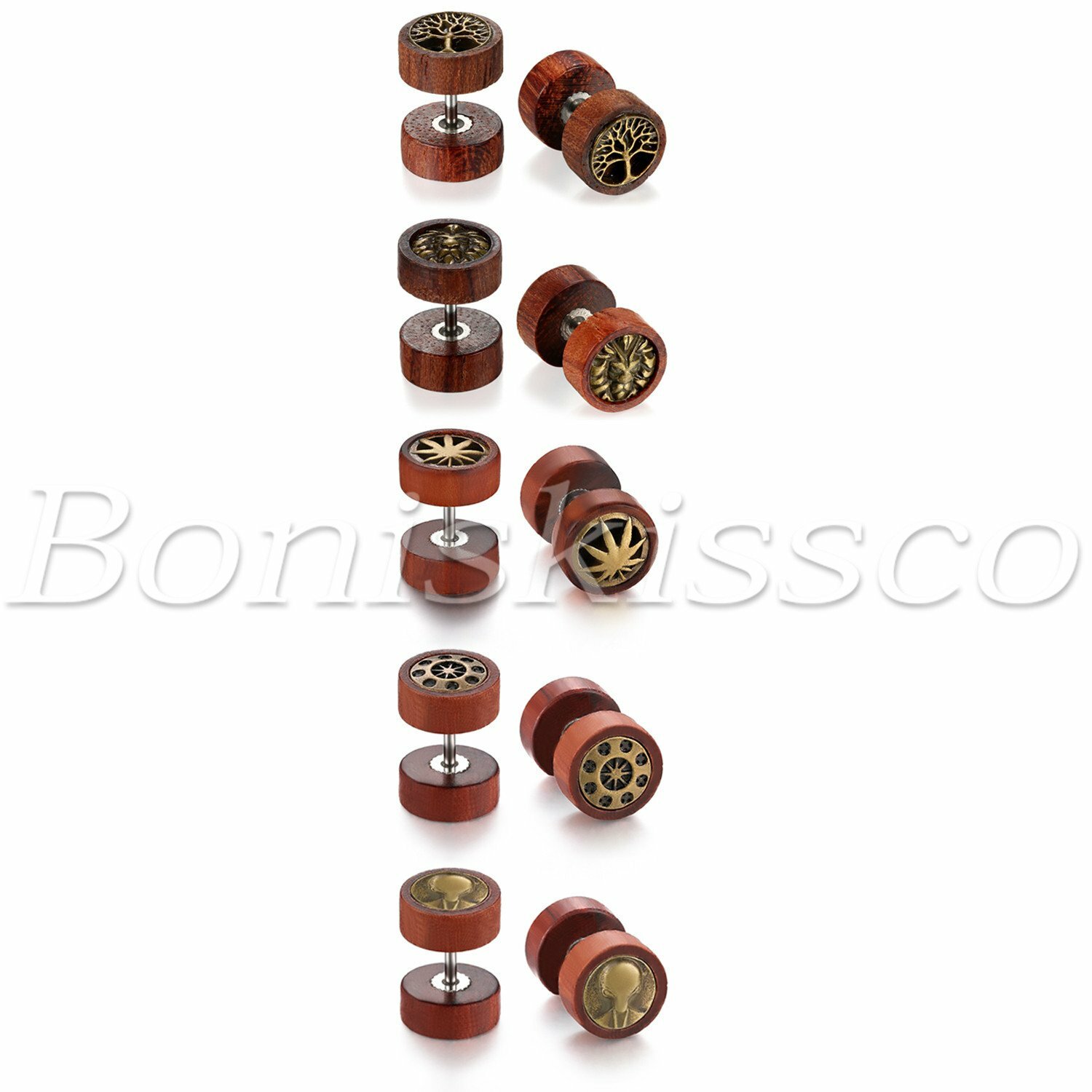 5Pairs Unisex Punk Retro Wood Barbell Dumbbell Piercing Ear Studs Plug