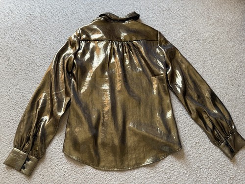 Express Satin Metallic Gold Long Sleeve Tie Neck Portofino Shirt Blouse Women S - Picture 18 of 19