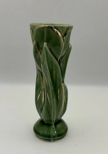 Shawnee Pottery Tulip Bud Vase Green w/Gold Accents 5”H 1940’s OH USA 1115