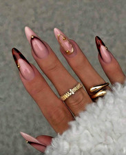 24pcs Long Leopard French Manicure Brown  Pink w/ Gold Accents Press-On Nails