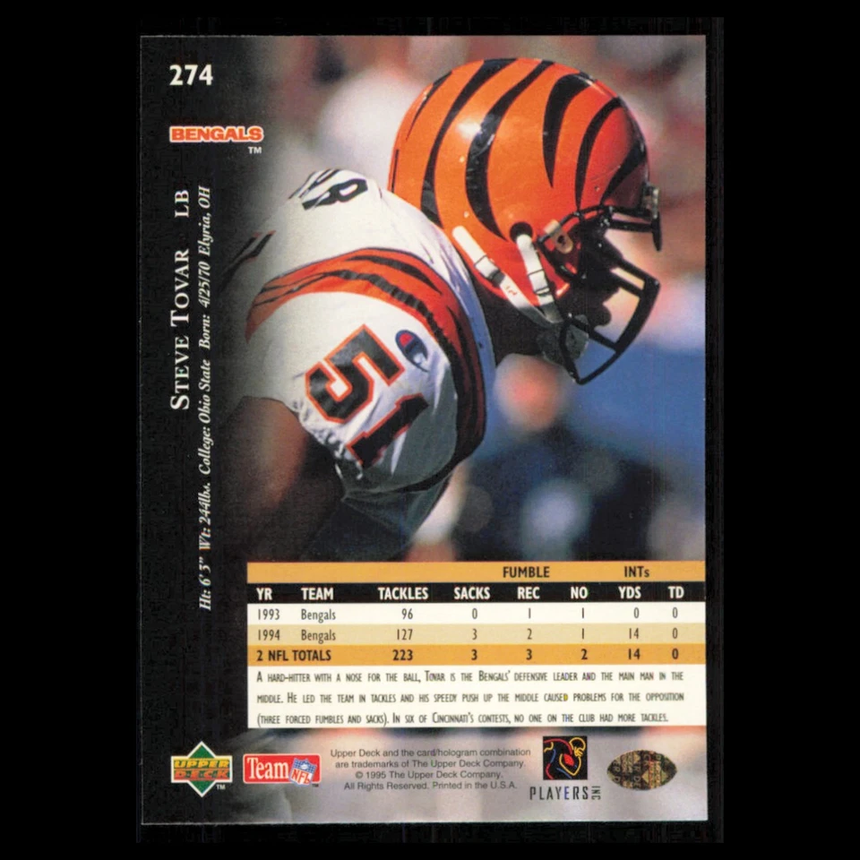 Steve Tovar #274 1995 Upper Deck Cincinnati Bengals Football Card NFL NM - Image 2 of 3