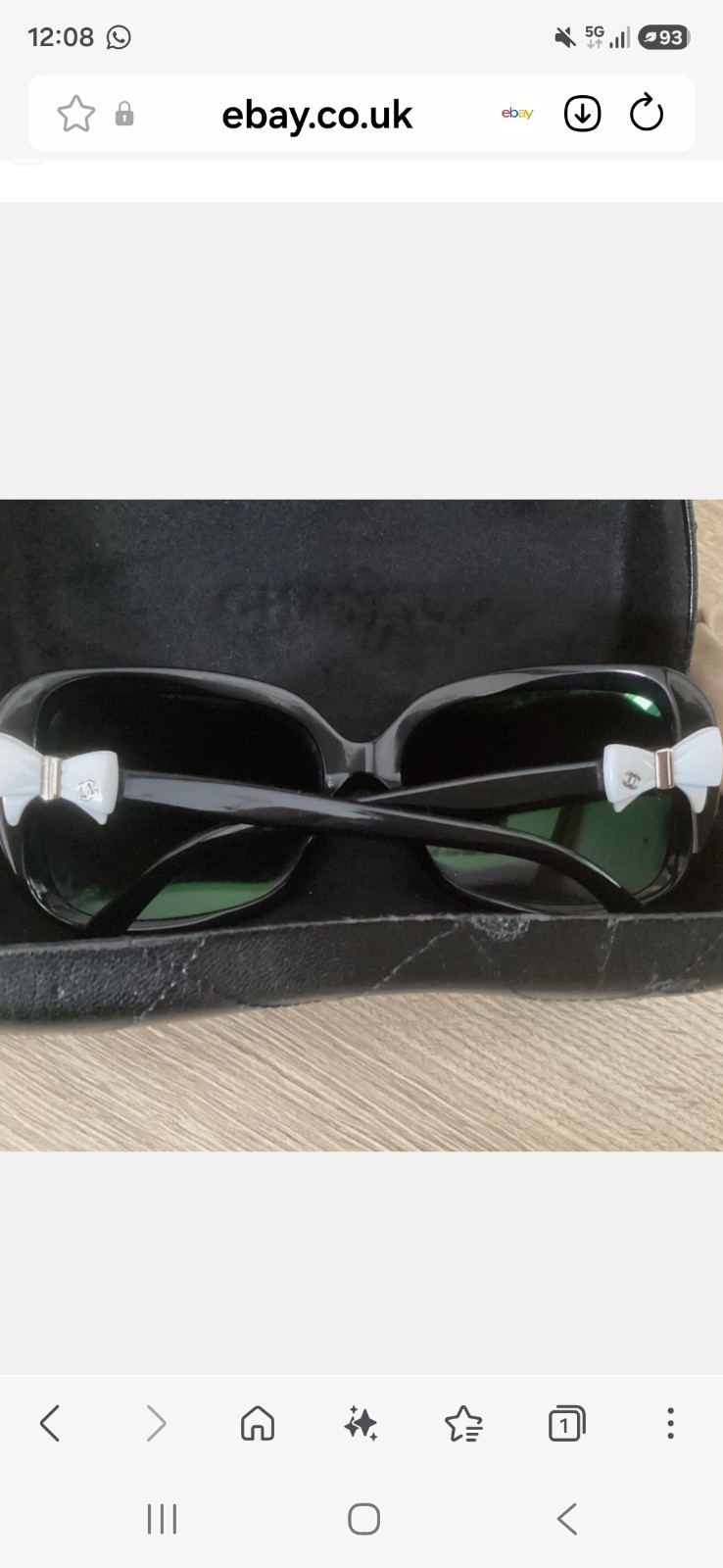 Chanel black white bows ribbon sunglasses oversized green lenses + case + pouch