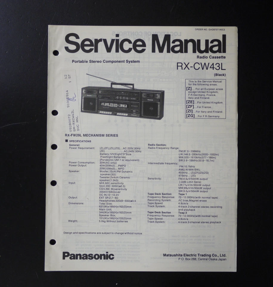 Original Panasonic RX-CW34L Portable Radio Cassette Recorder Service Manual S33 - Bild 1 von 1