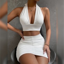 Women's 2 Piece Dress Suit Halter Lace Up Top Pleated Skirt Set Summer Party
