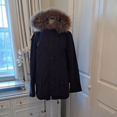 Sandro Paris Womens Winter Black Hooded Parka Faux Fur Trim Fleece Lining MED
