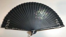 Vintage Spanish Ladies Hand FOLDING FAN Wood Handpainted Black Floral SPAIN NEW