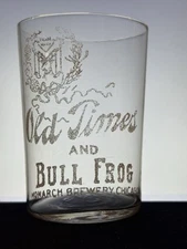 Pro-Pro Old Times & Bullfrog Beer Etched Glass, Monarch Brewing, Chicago IL, EC