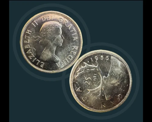 1956 SILVER Canada Quarter 25 Cents- AU/MS - Elizabeth II - 4.66g of SILVER!