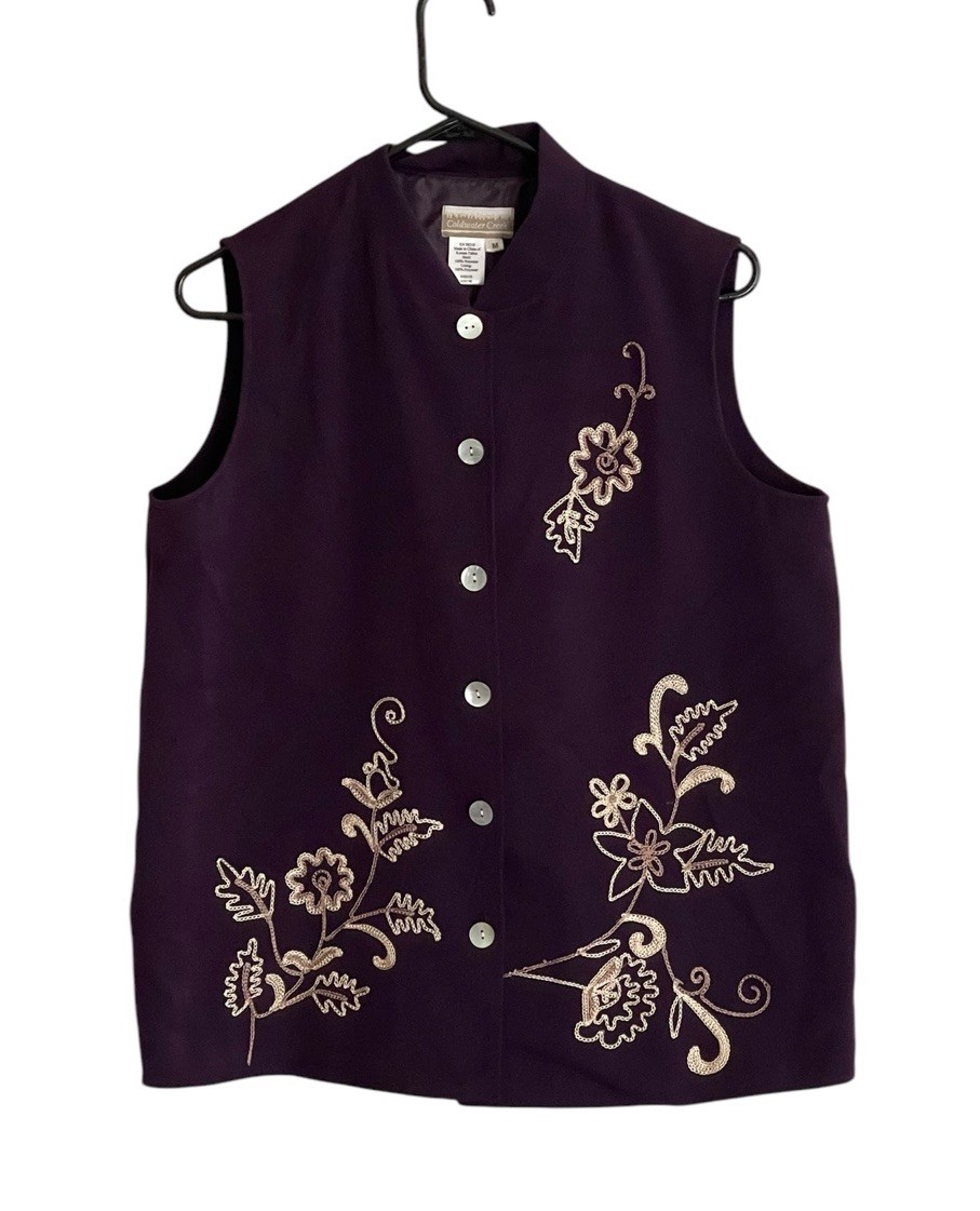 Vintage Coldwater Creek Vest Medium Deep Purple Embroidered Floral Velvet