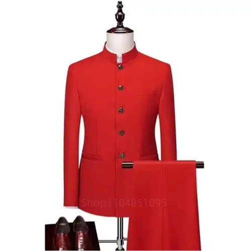 High Quality Dress Set 2Pcs Men Chinese Style Slim Fit Tuxedos Jacket Pants Sets - Foto 4 di 27