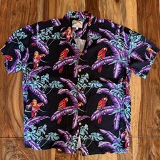 Paradise Found Hawaiian Shirt Men's L Black Parrot Tropical Camp Aloha Button Up
