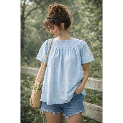 Vintage 70s Handmade Prairie Blouse Blue Calico Folk Top Small Med Cottagecore
