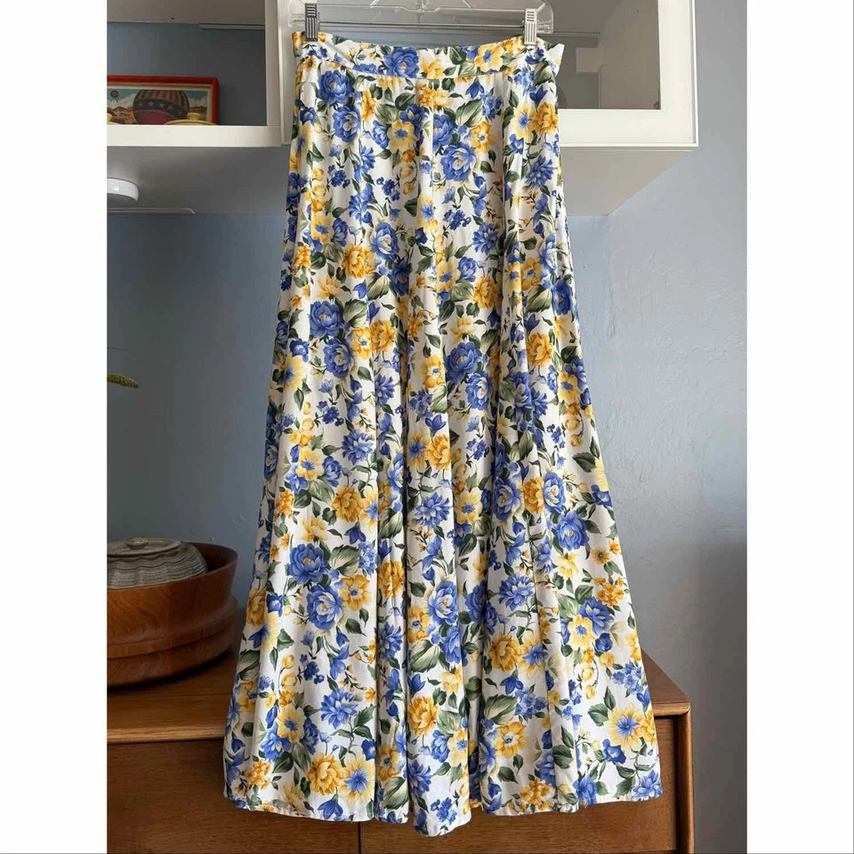 Винтажный 90-х Париж синий желтый цветочный макси юбка высокая талия разрезы Flowy Sz M - Изображение 4 из 4