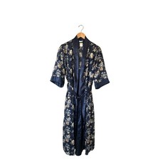 SECRET TREASURES Navy Floral Satin Nightgown Robe 2 Piece Set Medium Cottage