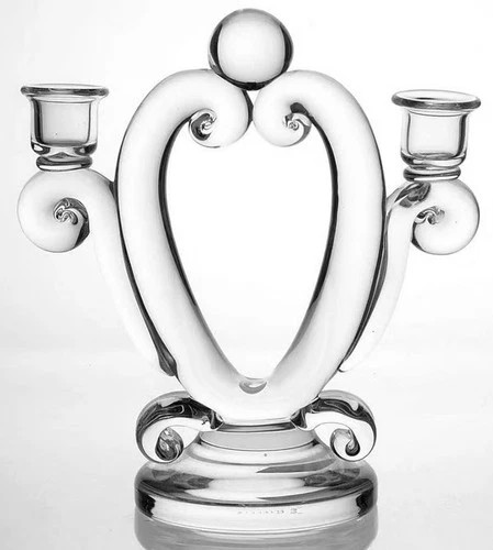 Steuben 7908 Heart Shaped Glass Crystal Double Candlestick Candelabra 8.5"