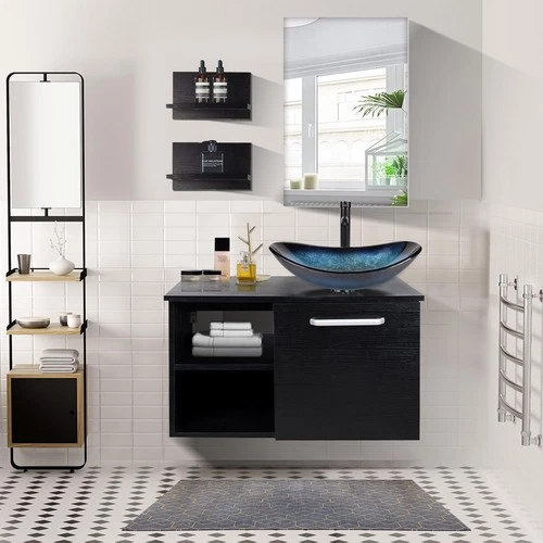 28" Wall-Mounted Bathroom Vanity with Vessel Sink | Floating Storage Cabinet