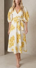 ZIMMERMANN NWT $650 Ivory Gold Puff Sleeve Pineapple Print Linen Midi Dress 8