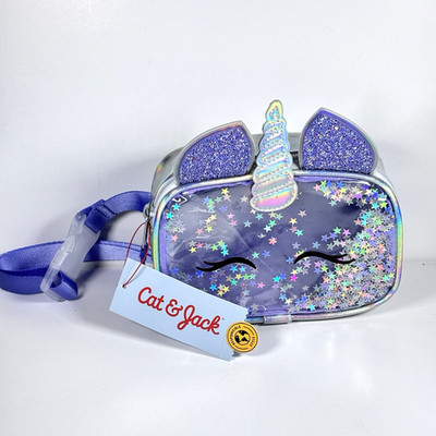 Cat & Jack Kids Fanny Pack Purple Unicorn Glitter Waist Bag with Stars