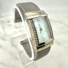 MOP Dial Women's Silver Tone Mesh Cuff Rhinestone Quartz Watch Works, Size 7”
