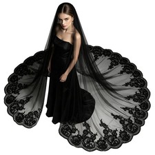 Lace Bridal Wedding Veil with Metal Comb Black Floral Tier Long