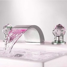 Led Widespread Bathroom Sink Faucet Brushed Nickel Basin 3 Hole Waterfall Mixer