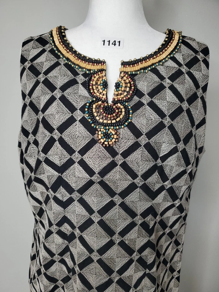 Vestido Ellen Tracy Negro Gris Bordado Tribal Cuentas Sin Mangas Talla 16 Boho Foto 2 de 4