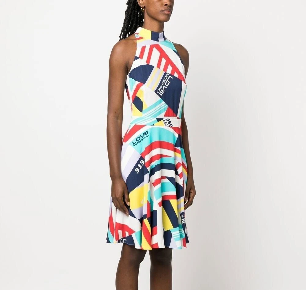 Moschino Abito Multicolore Stampa Astratta Cotone Lunghezza Ginocchio XS UK6 IT38