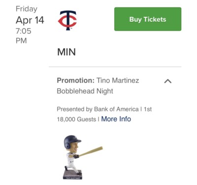 Tino Martinez New York Yankees Bobblehead Bobble SGA Stadium