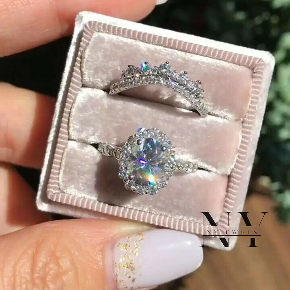 Conjunto de anillo de compromiso nupcial de moissanita de oro blanco sólido de 14 quilates corte ovalado de 3,50 quilates Foto 3 de 4