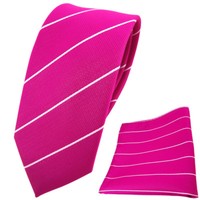 Schmale Tigertie Krawatte + Einstecktuch Magenta Fuchsia Silber Gestreift