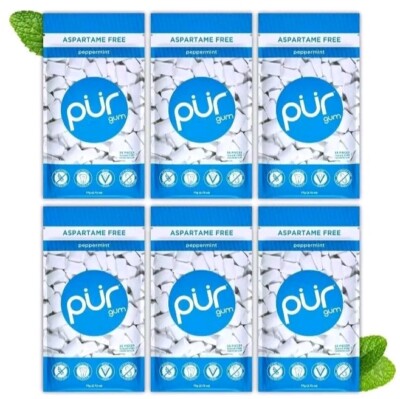 PUR Gum Xylitol PEPPERMINT (55 Pieces, 6 Pack) Sugarless Vegan Dry-Mouth Pure