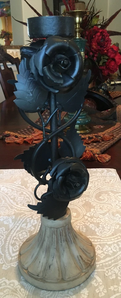 Iron Black Roses Candle Holder On A Wood Base Over 14” Tall And Heavy - Image 3 of 4