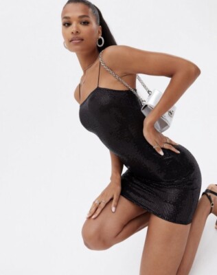 black sequin strapless mini dress Black Sequin Draped Bardot Mini Dress – Chloe Lewis Edit