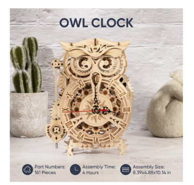 3D DIY Wooden Owl Clock Vintage Model Building Kit Puzzle Kids Adults Fun Gift