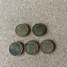 1953 & 1967 ELIZABETH II BRASS THREE PENCE COINS, 5 IN TOTAL