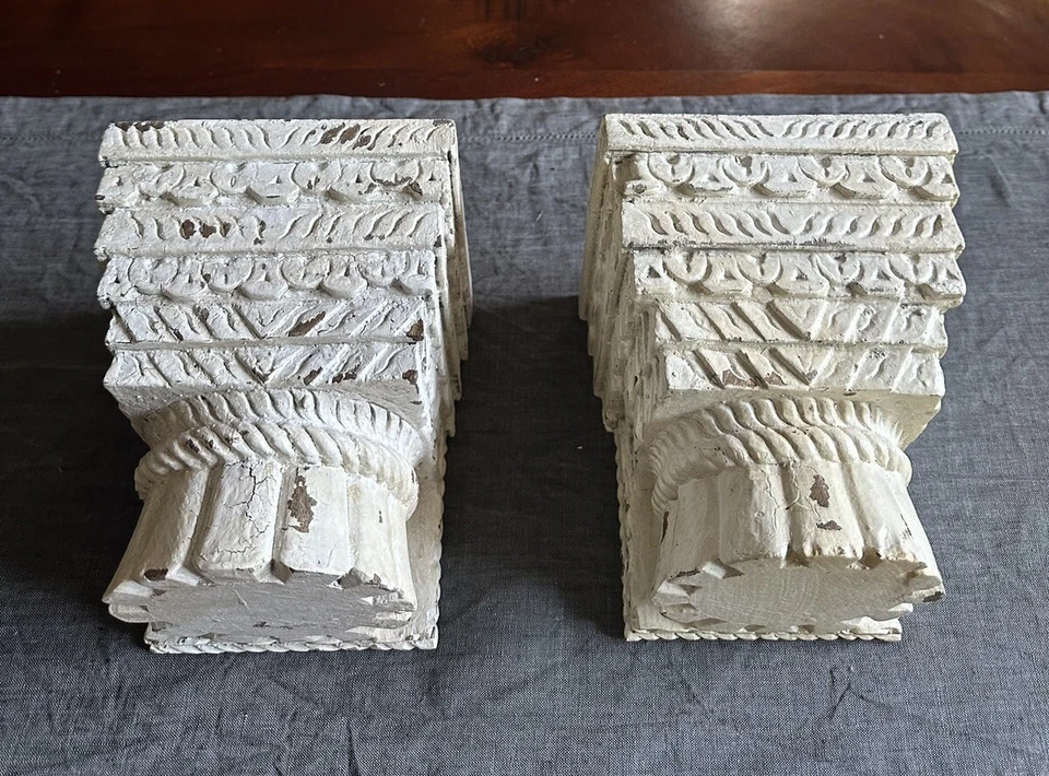 Pottery Barn Architectural Candle Pillar Holders Ivory Wood Candleholders Carved - Image 2 of 4