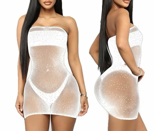 Sexy Women's Sheer Mesh Mini Dress Clubwear Tube Bodycon See Through Night Party - Picture 16 of 16