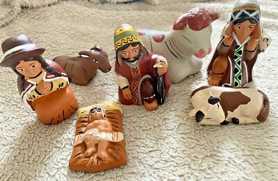 Vtg Folk Art NATIVITY from PERU Holy Family Clay Figures Cathedral Gift Shop