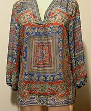Sunny Leigh Paisley Sheer Tunic Blouse Womens XL Made in USA Boho V‑Necktry