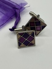 Men’s Cufflinks, Silver-tone Square, Bullet Back, Cerise & Purple Diamond Front