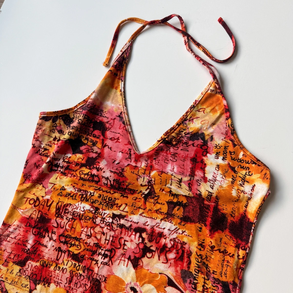 Vintage Y2K Red Orange Graphic Handkerchief Hem Halter Top Small Fairycore