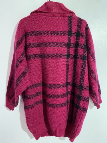 Maglione Aria Vintage L Fucsia Rosa Mohair Plaid Lungo Boho Oversize Accogliente Elasticizzato - Foto 2 di 10
