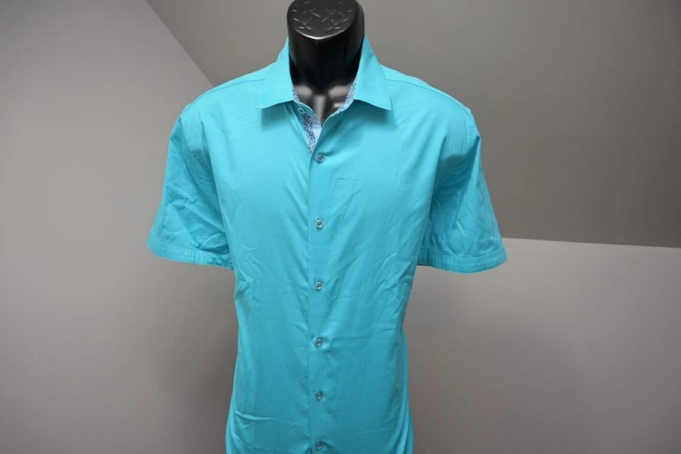 Robert Graham Dress Shirt Blue Stretch Short Sleeve Button Up Mens Size XL - Image 3 of 4