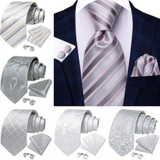 Men Silver Tie 3 Pieces Necktie Pocket Square Cufflinks Multicol Wedding Party